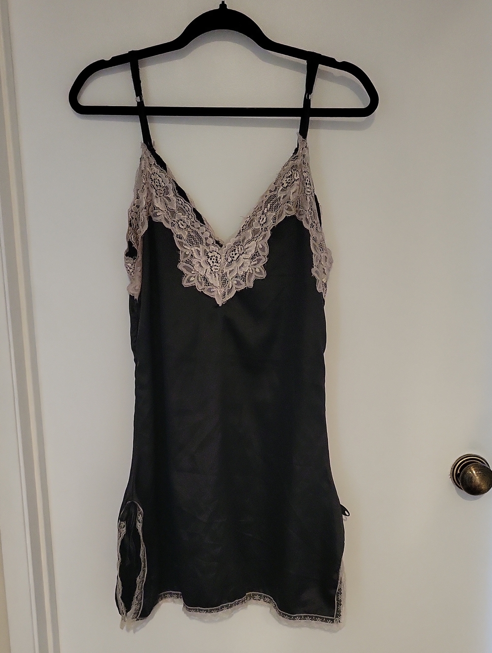 Black Satin Lace-Trim Slip Dress